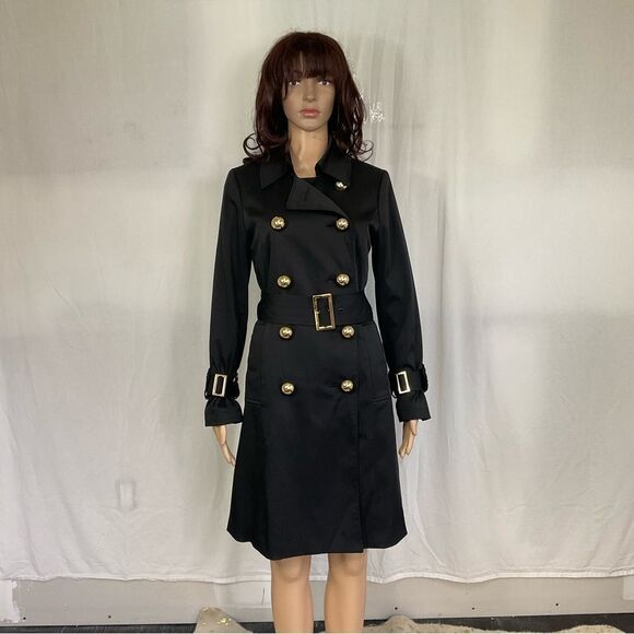 INC Double Breasted Belted Long Lightweight Trench Coat Black Gold Buttons S - Picture 2 of 15